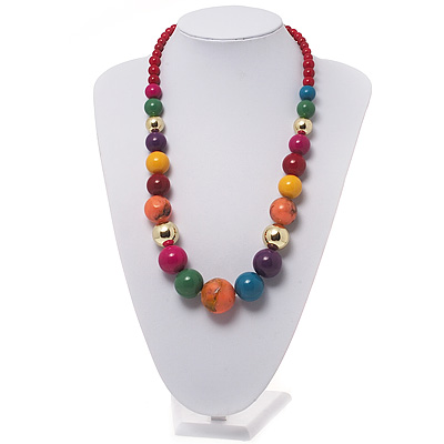 Chunky Multicoloured Resin Bead Necklace In Gold Plating - 58cm Length/ 8cm Extension - main view