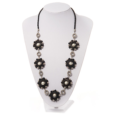 Long Silver/Black Plastic Floral Necklace On Leather Style Cord - 70cm Length - main view