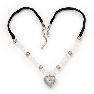 Transparent Glass/Metal Beaded 'Heart' Pendant Necklace On Velour Ribbon - 46cm Length (with 5cm extension - main view