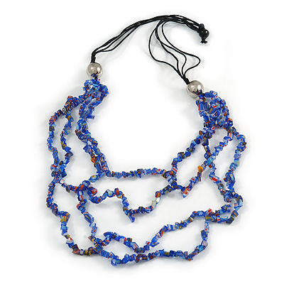 4 Strand Blue Glass Bead Black Cotton Cord Necklace - 60cm Length - main view