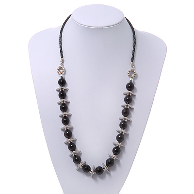 Black Glass Bead Leather Style Cord Necklace - 64cm Length - main view