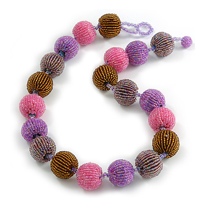 Chunky Pink/Lavender/Goldут Brown Glass Beaded Necklace - 56cm Length - main view