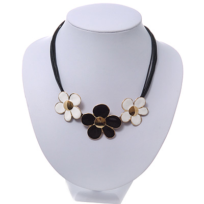 Black/White Enamel Daisy Flower Cotton Cord Magnetic Necklace - 36cm Length - main view