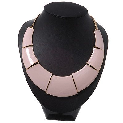 Light Pink Enamel Egyptian Bib Style Choker Necklace In Gold Plating - 38cm Length /7cm Extension - main view