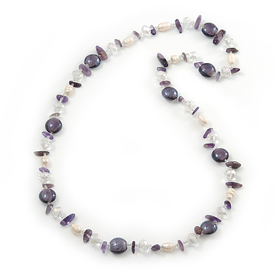 Amethyst Stone, Freshwater Pearl & Glass Bead Long Necklace - 80cm Length - main view