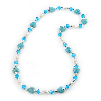 Turquoise Heart Shape Stone, Freshwater Pearl & Acrylic Bead Long Necklace - 76cm Length - main view