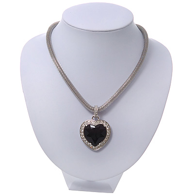 Silver Plated Black Resin 'Heart' Pendant Mesh Magnetic Choker Necklace - 38cm Length - main view