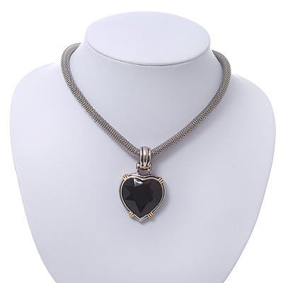 Silver Plated Black Resin 'Heart' Pendant Mesh Magnetic Choker Necklace - 34cm Length - main view