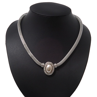 Silver Plated Mesh Choker Necklace With Simulated Pearl Stone - 38cm Length - main view