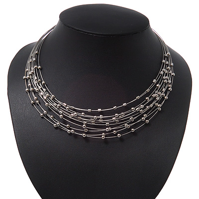 Rhodium Plated Multistrand Wire Beaded Magnetic Choker Necklace - 34cm Length - main view