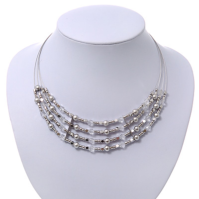 Rhodium Plated 4 Strand Beaded Magnetic Choker Necklace - 34cm Length - main view