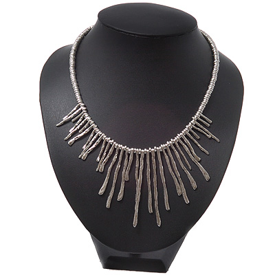 Silver Plated Hammered Asymmetrical Bib Magnetic Choker Necklace - 38cm Length - main view