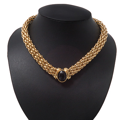 Gold Plated Mesh Magnetic Choker Necklace With Black Stone - 38cm Length - main view