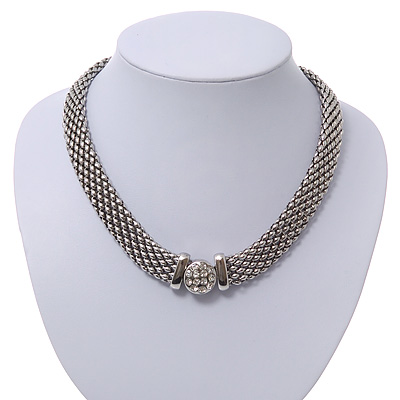 Rhodium Plated Mesh Choker With Diamante Magnetic Clasp - 40cm Length - main view
