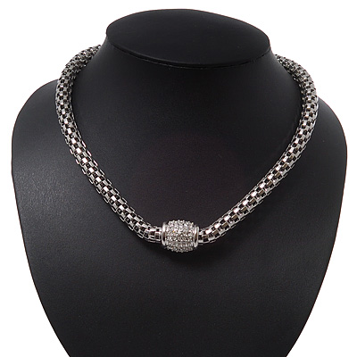 Stylish Mesh Diamante Magnetic Choker Necklace In Rhodium Plated Metal - 38cm Length - main view
