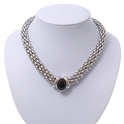 Rhodium Plated Mesh Magnetic Choker Necklace With Black Stone - 38cm Length - main view