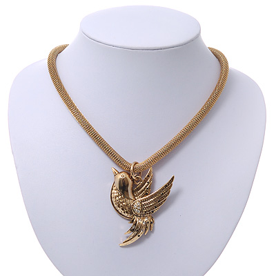 Gold Plated 'Bird' Pendant Mesh Magnetic Choker Necklace - 38cm Length - main view