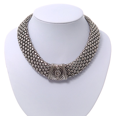 Wide Chunky Mesh Magnetic Choker Necklace In Silver Plating - 40cm Length - main view
