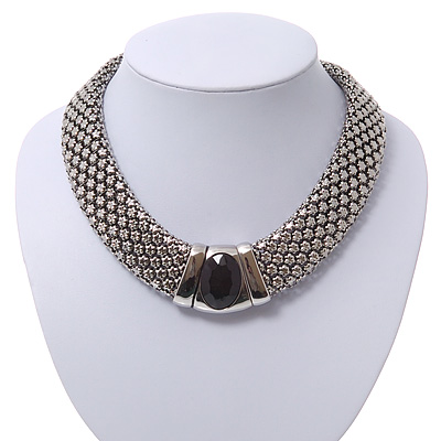 Wide Chunky Mesh Magnetic Choker Necklace With Black Stone In Silver Plating - 40cm Length - main view