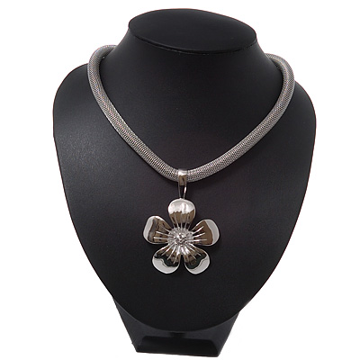 Rhodium Plated 'Flower' Pendant Mesh Magnetic Necklace - 38cm Length - main view