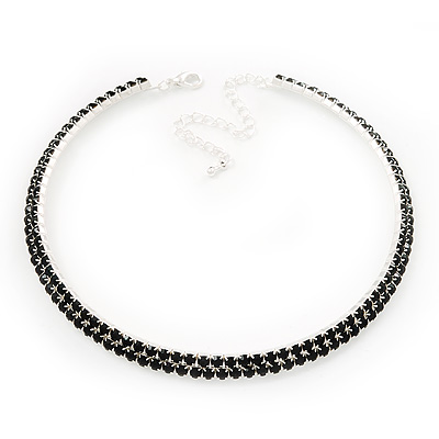 2-Row Jet Black Austrian Crystal Choker Necklace (Silver Plated) - main view
