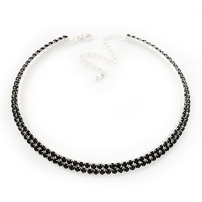 2-Row Jet Black Austrian Crystal Choker Necklace (Silver Plated)