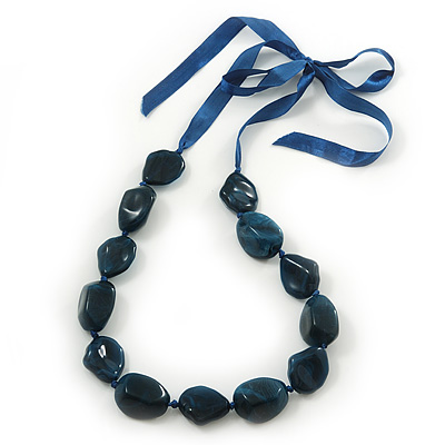 Long Chunky Dark Blue Resin Nugget Necklace With Silk Ribbon - Adjustable - main view
