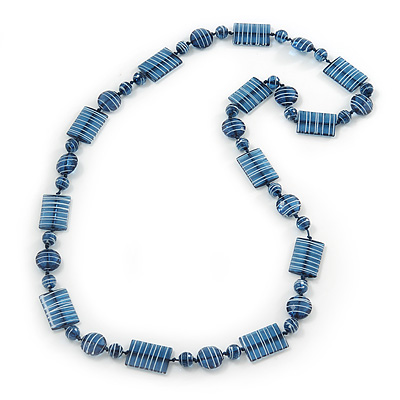 Blue Square Acrylic Bead With White Strips Long Necklace - 80cm Length - main view