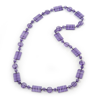 Purple Square Acrylic Bead With White Strips Long Necklace - 80cm Length - main view