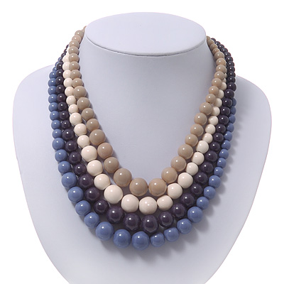 4 Strand Blue/Purple/Cream/Beige Graduated Acrylic Bead Necklace - 40cm Length/ 7cm Extension - main view