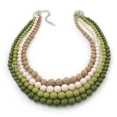4 Strand Green/Lime/White/Beige Graduated Acrylic Bead Necklace - 40cm Length/ 7cm Extension - main view