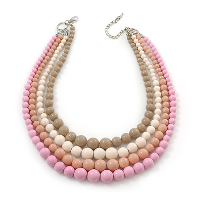 4 Strand Pink/Magnolia/White/Beige Graduated Acrylic Bead Necklace - 40cm Length/ 7cm Extension - main view