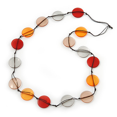 Long Brown/Orange/Beige Resin Button Cord Necklace - 96cm Length