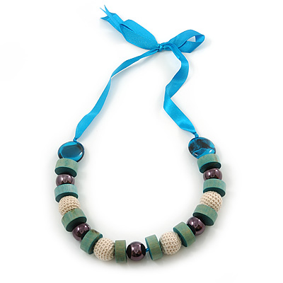 Chunky Light Green Wood, Glass & Fabric Bead Necklace On Light Blue Silk Ribbon - Adjustable - main view