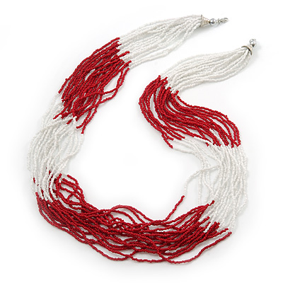 Long Multistrand Red/White Glass Bead Necklace - 80cm Length