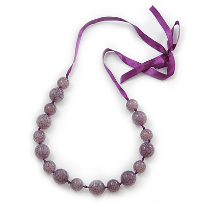 Long Round Purple Resin 'Cracked Effect' Bead Necklace With Silk Ribbon - Adjustqable - main view