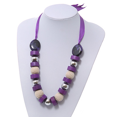 Chunky Wood, Glass & Fabric Bead Necklace On Silk Ribbon - Adjustable