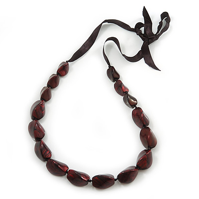 Long Chunky Burgundy Resin Nugget Necklace With Black Ribbon - Adjustable - main view