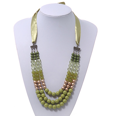 Long Multi Layered Lime/Gold/Green/Transparent Acrylic Bead Necklace With Light Green Silk Ribbon - Adjustable - main view