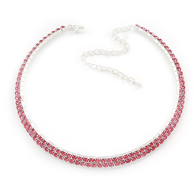 2-Row Pink Austrian Crystal Choker Necklace (Silver Plated)