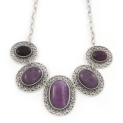 Silver Plated Amethyst Stone Necklace - 40cm Length/ 7cm Extension - main view