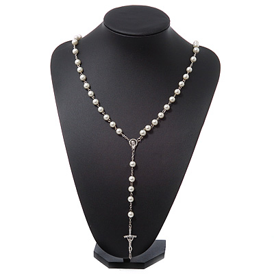 Long White Simulated Glass Pearl Cross Rosary Necklace - 80cm Length - main view