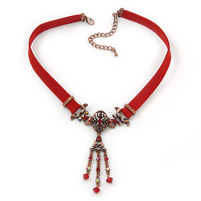 Victorian Red Suede Style Diamante Choker Necklace In Bronze Tone Metal - 34cm Length with 7cm extension
