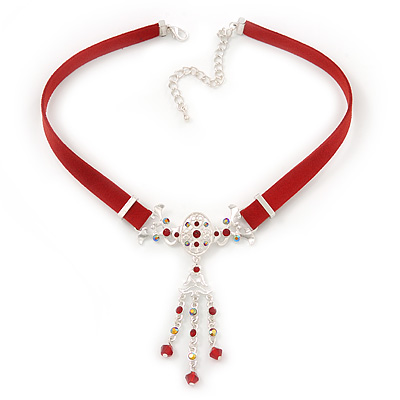 Victorian Red Suede Style Diamante Choker Necklace In Silver Tone Metal - 34cm Length with 7cm extension - main view