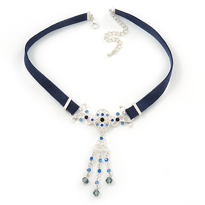 Victorian Dark Blue Suede Style Diamante Choker Necklace In Silver Tone Metal - 34cm Length with 7cm extension - main view