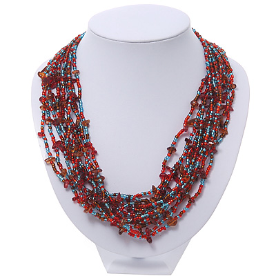 Red/ Light Blue/ Amber Coloured Multistrand Glass Bead Necklace - 48cm Length - main view