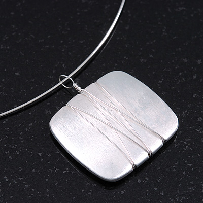 Brushed Silver Square Pendant On Flex Wire Choker Necklace - Adjustable - main view