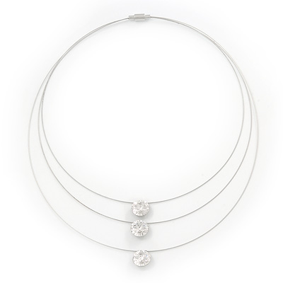 3 Strand Wire Floating CZ Magnetic Necklace In Silver Plating - 38cm Length - main view