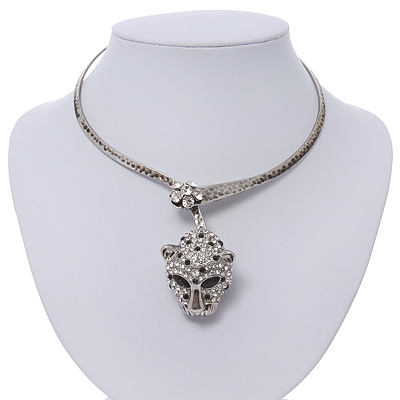 Unique Swarovski Crystal 'Leopard' Collar Necklace In Burn Silver Plating - 39cm Length - main view