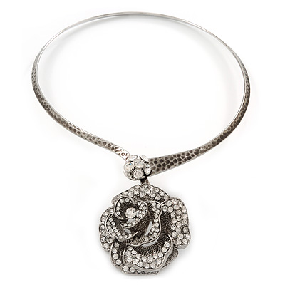 Large Dimensional Swarovski Crystal 'Rose' Pendant Collar Necklace In Burn Silver Finish -  38cm Length - main view